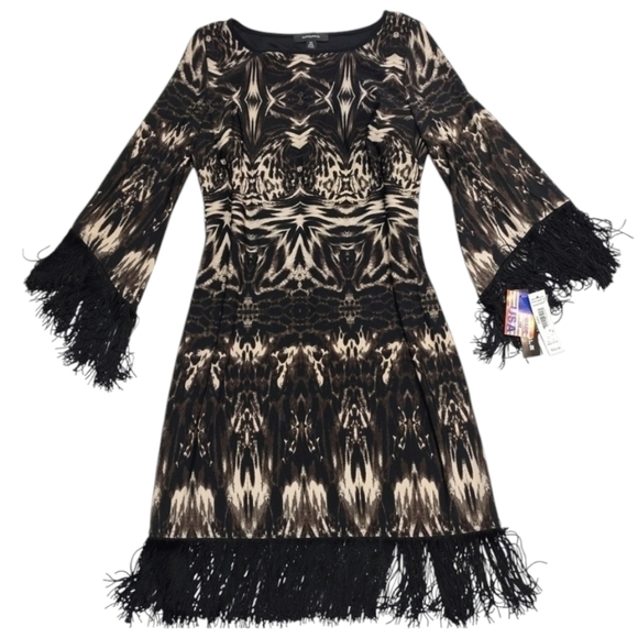 R&M Richards Black Brown White Fringe Dress Size 10 NWT - Picture 1 of 9